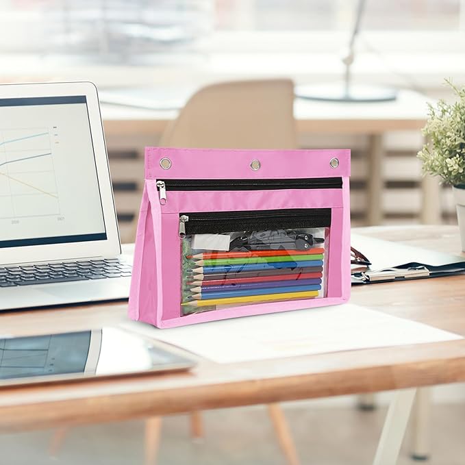 YoeeJob 6 Pack 1 Inch Expandable Zipper Pencil Pouches with Clear Window for 3 Ring Binder, Suitable for School & Office（Pink）
