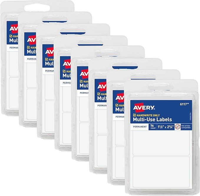 Avery Multi-Use Permanent Labels, 1.5" x 2.75", White, Non-Printable, 8 Packs, 608 Blank Labels Total (21924)