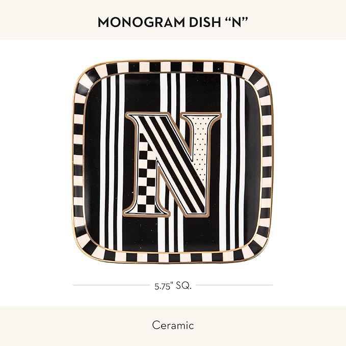 MACKENZIE-CHILDS Monogram Dish, Decorative Ceramic Letter Plate, 5 3/4" Square, N