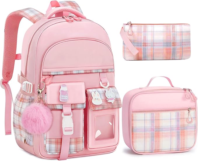 School Backpack for Girls - 5PCS Girls Backpack with Lunch Box Set for Elementary, Middle and High School Students - 18" Large Capacity School Bookbag with Multiple Pockets