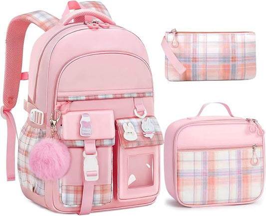 School Backpack for Girls - 5PCS Girls Backpack with Lunch Box Set for Elementary, Middle and High School Students - 18" Large Capacity School Bookbag with Multiple Pockets