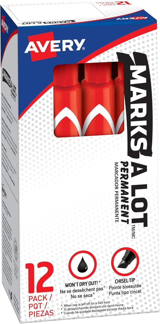 Avery Marks A Lot Permanent Markers, Large Desk-Style Size, Chisel Tip, Water and Wear Resistant, 12 Red Markers (08887)
