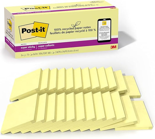 Post-it 100% Recycled Paper Super Sticky Notes, Canary Yellow, 3 in. x 3 in., 24 Sticky Note Pads, 70 Sheets per Pad, New Year Organization or Second Semester School Supplies