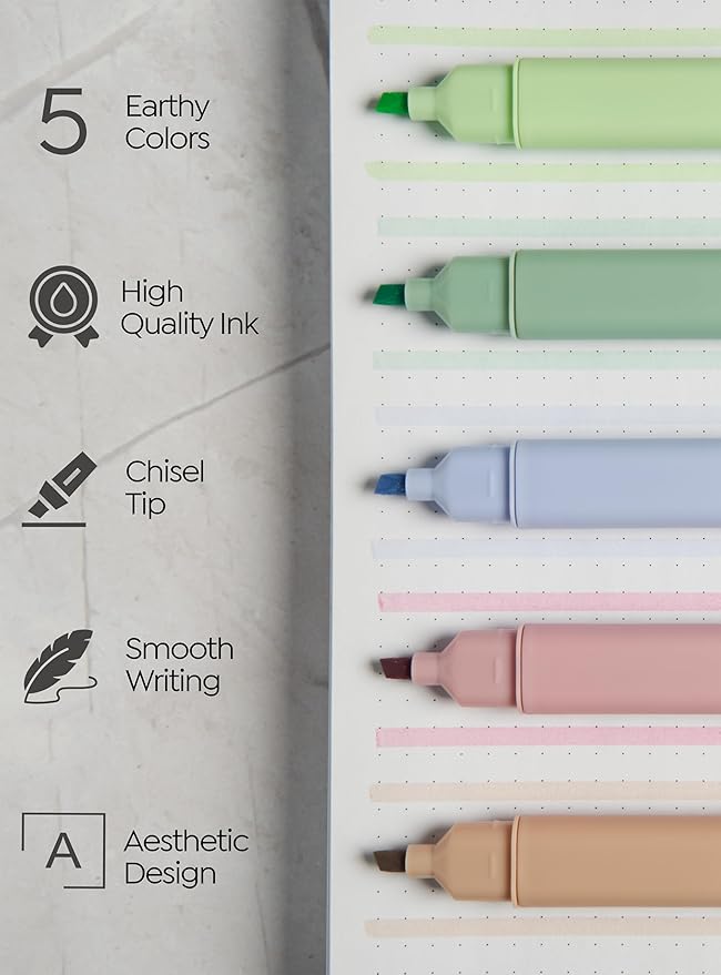 BLIEVE- Aesthetic Highlighters No Bleed Through Assorted Colors, Cute Highlighter For Journaling Office Supplies And Accessories, Bible Highlighters And Pens No Bleed Chisel Tip (EARTHY)