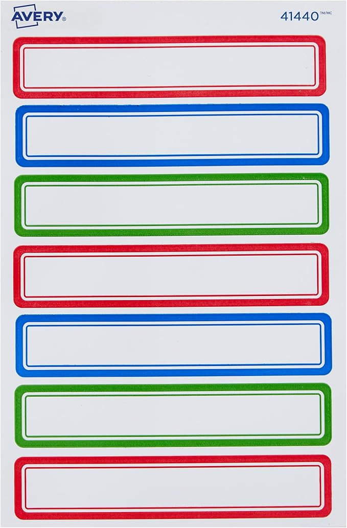 Avery Durable Labels for Kids' Gear, 5/8" x 3-1/2", Assorted Border Colors, Water-Resistant Labels, 35 Total (41440)