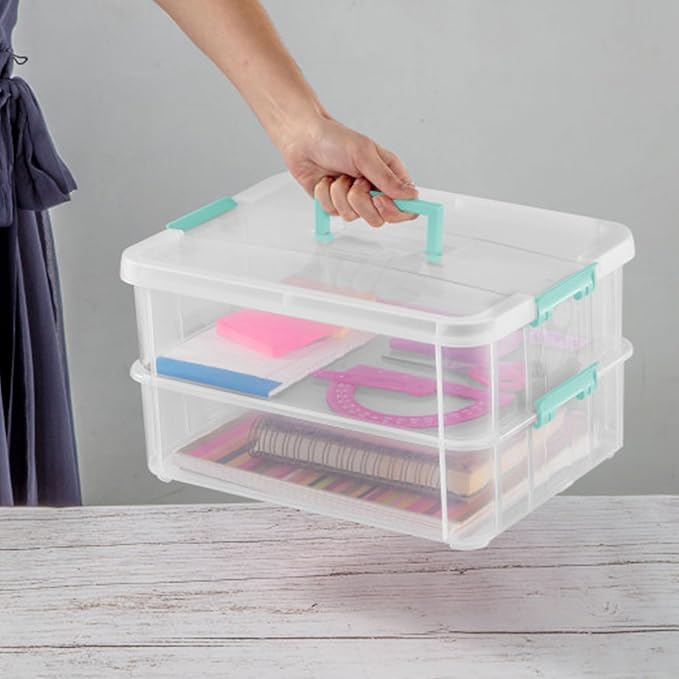 Sterilite 12-Pack Stack & Carry, 2 Layer Handle Box for Home & Office Storage - Clear Base & Lid with Color Latches, Organizer for Art & Craft Supplies, Sewing Tools or 8.5" x 11" Paper
