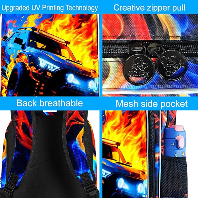 KLFVB 3PCS School Backpack Set, 17" Boys Truck Bookbag and Lunch Box, Water Resistant School Backpacks for Teenagers Middle Elementary - Flame Truck