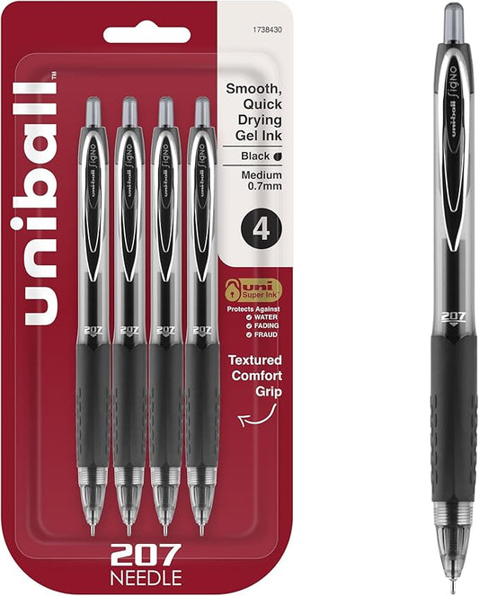 uniball 207 Needle Retractable Gel Pens, Medium Point (0.7mm), Black, 4 Pack