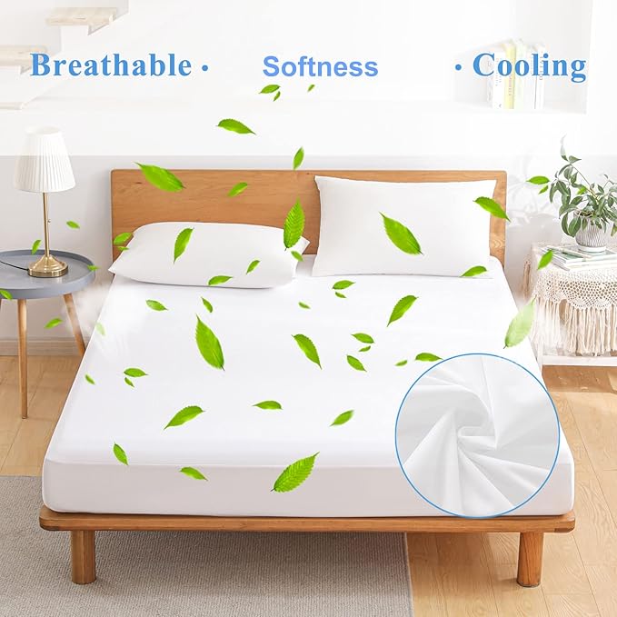 Twin XL Waterproof Mattress Protector for Dorms. Noiseless, Breathable, and Machine Washable Fitted Mattress Cover with Deep Pocket up to 5”-21”（White）