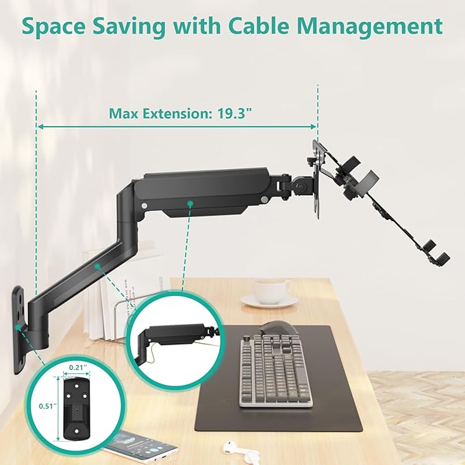 WALI Single Arm Laptop and Monitor Wall Mount for 17" Notebook and Up to 32" Screen, Full Motion Adjustable Wall Mount with Laptop Tray, VESA 75x75 100x100, Holds 15.4-22 lbs, Black (GSWM001LP)