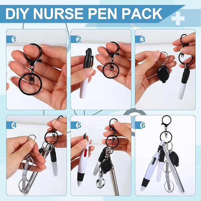 6 Pcs Nurse Pens for Badge Set,Nurse Badge Accessories with Reel Pen,Nursing Accessories Healthcare with Pens,Highlighter and Permanent Marker Pen and Led Keychain Foldable Scissors(Silver)