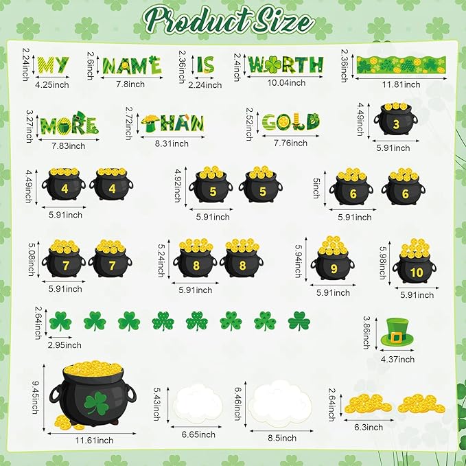 St. Patrick's Day Bulletin Board Shamrock Gold Coin Pot Paper Cutout Rainbow Clover Classroom Decor March Bulletin Board with Border for Irish Party Door Wall Classroom Home Office Supplies