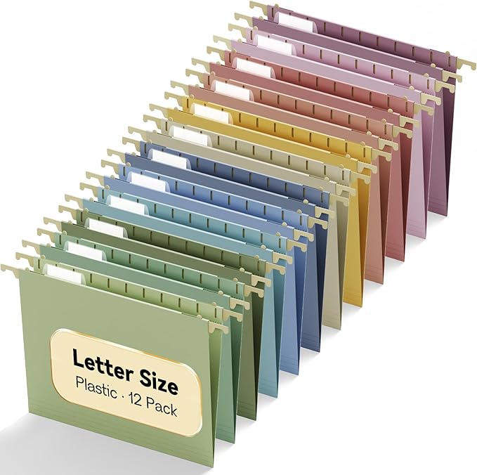 Plastic Hanging File Folders Letter Size,12 Pack Reinforced Filing Cabinet Folders with Tabs,Macaron Heavy Duty Hanging Organizer Foldrs for File Box & File Frame,Designed for Home Office