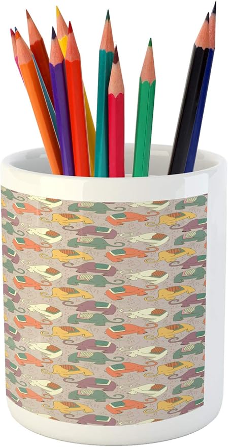 Ambesonne Elephant Pencil Pen Holder, Hand Drawn Style Animal Characters with Bicycle Wheels Background, Ceramic Pencil Holder for Desk Office Accessory, 3.6" X 3.2", Multicolor