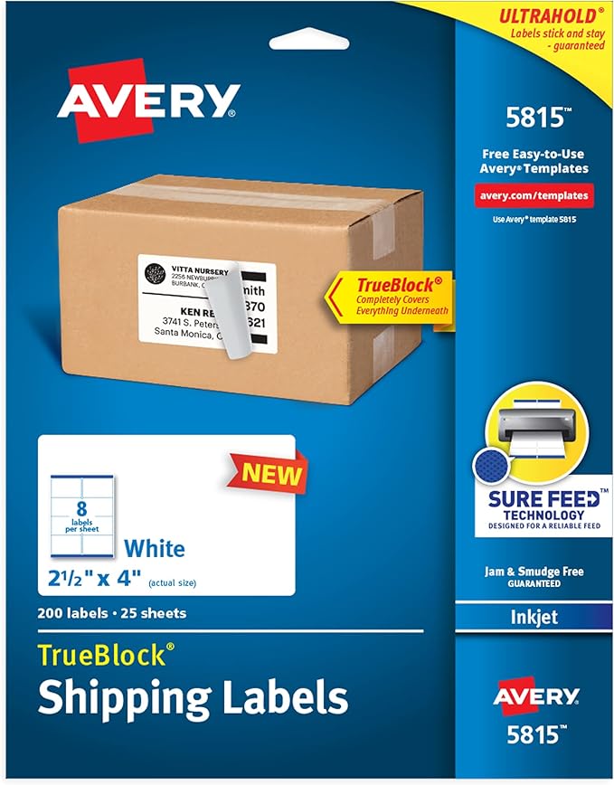 Avery Printable Blank Shipping Labels, 2.5" x 4", White, 200 Labels, Inkjet Printer, Permanent Adhesive (5815)