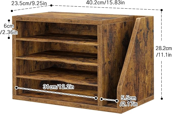 File Organizer Desktop, Wood Desk Organizer with 3 Adjustable Shelves, Mail Paper Sorter for Office, Home, File Holders for Envelopes, Mail Supplies or Magazines, Rustic Brown