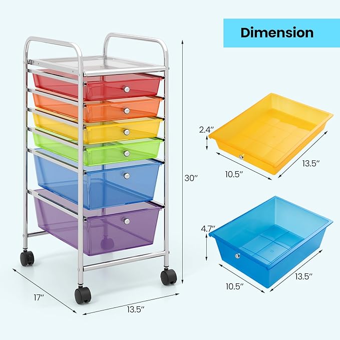 COSTWAY 6-Drawer Rolling Storage Cart, Multifunctional Art Craft Tools Organizer on Wheels, Heavy Duty Utility Mobile Storage Trolley w/ 2 Lockable Wheels for Home Office School (Rainbow)