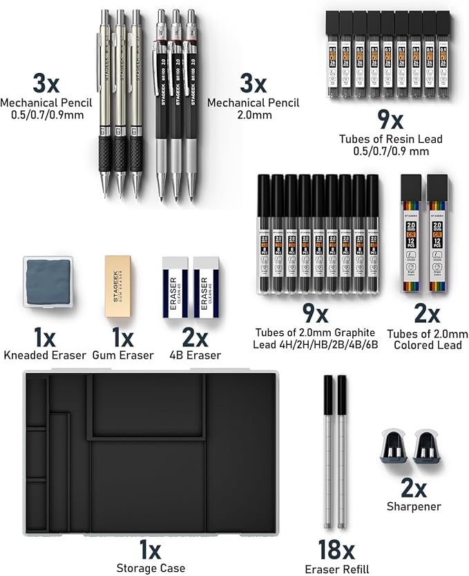 Mechanical Pencil Set with Case 34 Count, Drawing Pencils 0.5, 0.7, 0.9MM & 3PCS 2MM Sketching Pencils with 384PCS Lead Refills (6B 4B 2B HB 2H 4H Color) for Artist Drafting Drawing Writing
