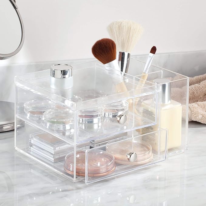 iDesign Plastic Vanity, Compact Storage Set Compartments for Cosmetics, Dental Supplies, Hair Care, Bathroom, Dorm, Desk, Countertop, Office, 6.5" x 6.5" x 6.5", 2 Drawer-Side Organizer