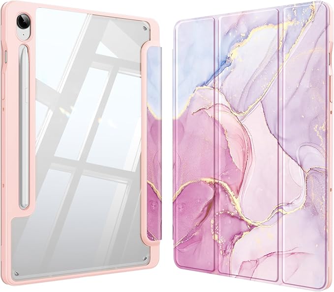 Fintie Hybrid Slim Case for Samsung Galaxy Tab S10 Lite/ S10 FE/ S9 FE 10.9 Inch/Tab S9 11 Inch with S Pen Holder, Shockproof Cover with Clear Transparent Back Shell, Auto Wake/Sleep, Dreamy Marble