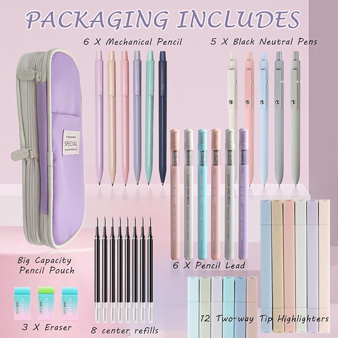 41 PCS Aesthetic School Supplies with Cute Pen Case, 5 Black Ink Gel Pens, 12 Pastel Highlighters, 6 Mechanical Pencils Set 0.5 & 0.7 mm for School Supplies Essentials (Purple)