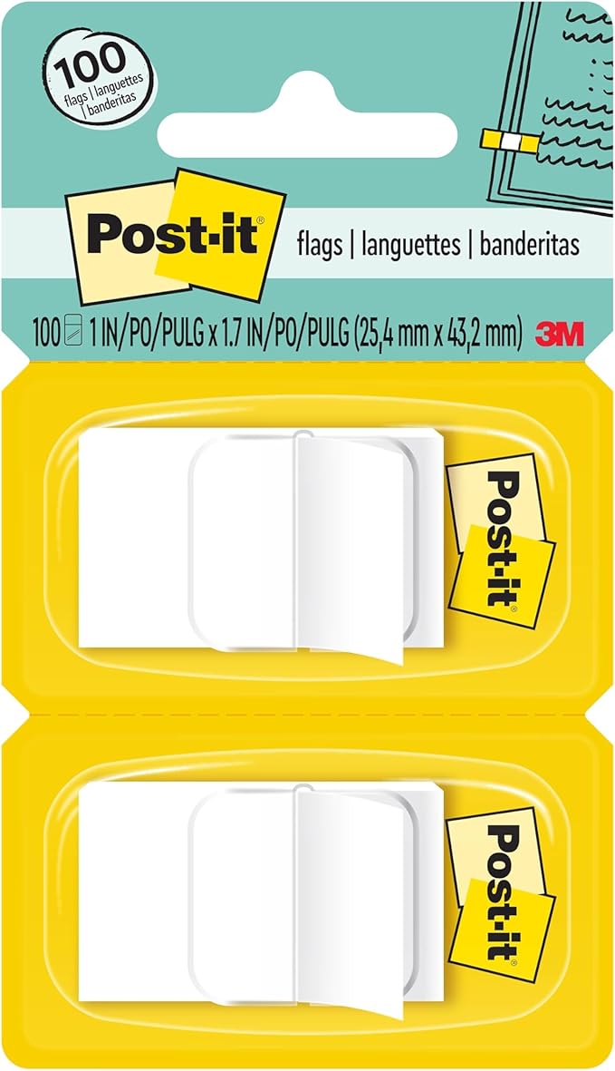 Post-it Flags, 50/Dispenser, 2 Dispensers/Pack, 1 in Wide, White (680-WE2)