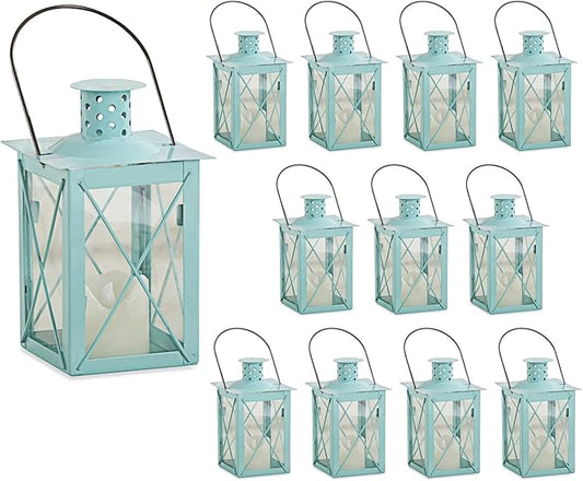 Kate Aspen Medium Decorative Lanterns - Set of 12 - Luminous Blue Metal Lantern Tealight Candle Holders Centerpieces for Wedding, Home Decor and Party - 6.3" H (8.9" H with Handle)