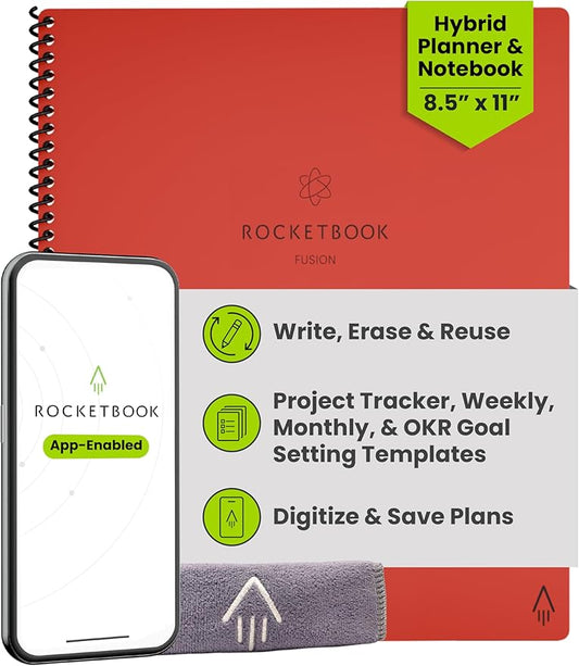 Rocketbook Fusion Reusable Undated Productivity Planner, Letter Size 8.5x11, Red - Goals, Monthly and Weekly Calendar, Daily To-do List, Lined and Dotted Notes Pages
