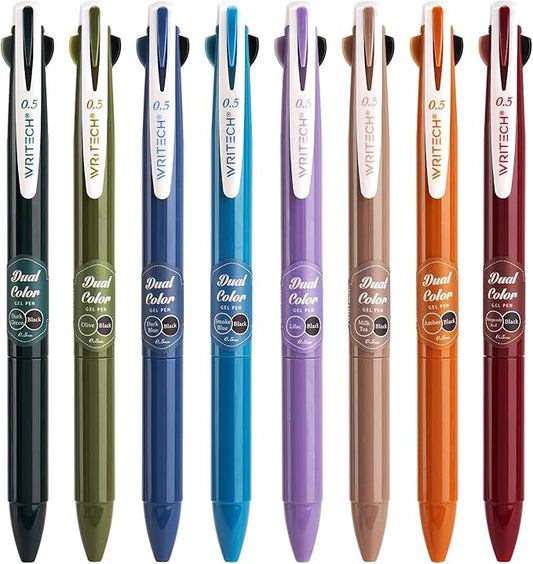 WRITECH Retractable Gel Ink Pens: Multi Colored 2 in 1 Colorful Click Pens Assorted Color 8ct Extra Fine Point Tip 0.5mm Journaling Smooth Writing Note Taking Coloring No Bleed & Smear & Smudge