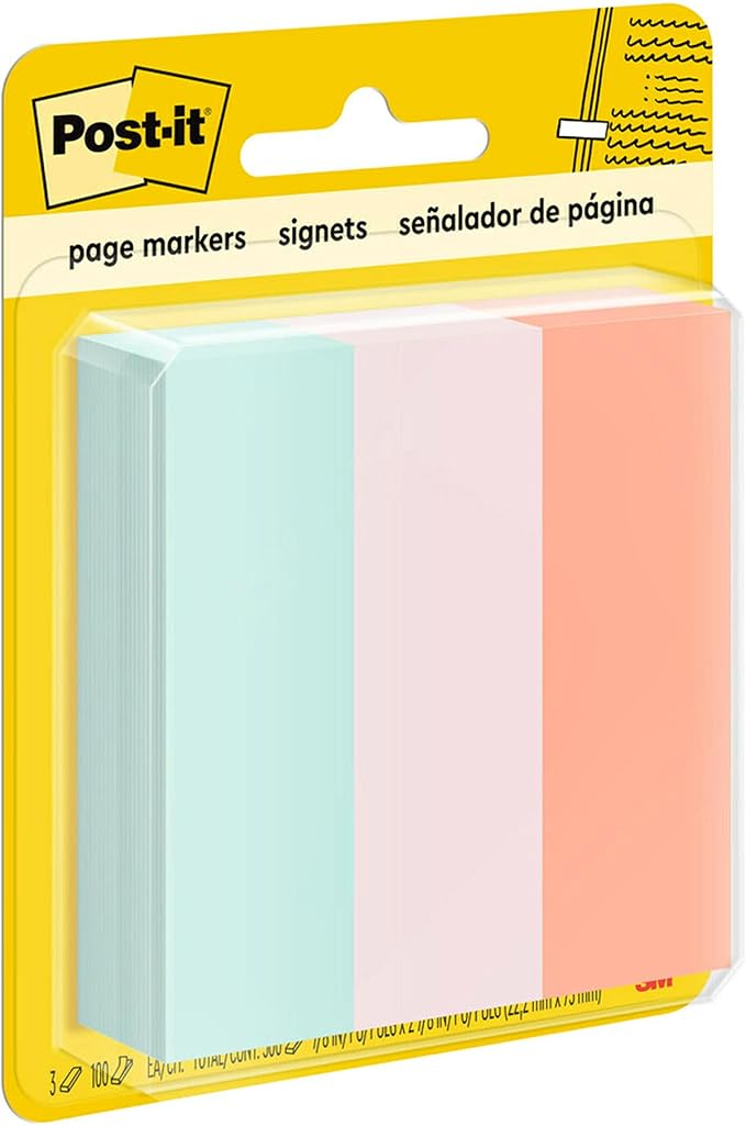 Post-it Page Markers, 1 in x 3 in, Ideal for Temporary Marking and Noting in Books, Assorted Colors, 100 Sheets/Pad, 3 Pads/Pack (5487) (Pack of 2)