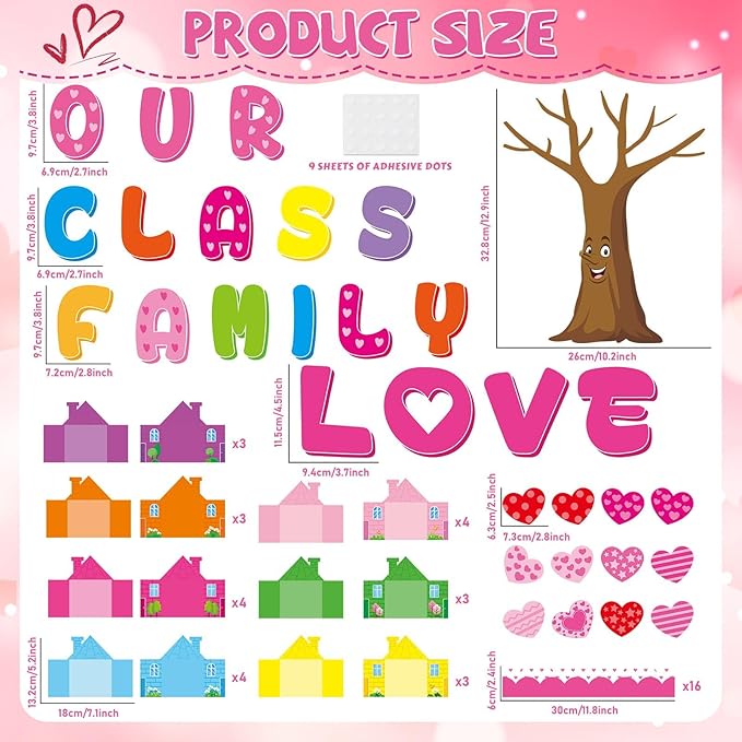 Valentine's Day Classroom Bulletin Board Decor Set with 3D Paper Photo Frame House Pink Red Heart Paper Cutouts Our Class Family is Love Tree Bulletin Board for Home Office School Classroom Wall Decor