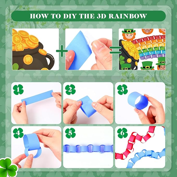 Pasimy St. Patrick's Day Bulletin Board Decorations Set Shamrocks Gold Coin 3D Rainbow Paper Cutouts Lucky Clover Bulletin Board Borders for Green Irish Holiday School Home Wall Decor(Leprechaun)