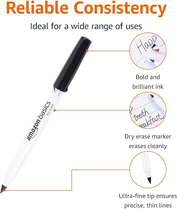 Amazon Basics Low Odor Ultra Fine Tip Dry Erase Whiteboard Markers for Teacher Supplies, Black, 12-Pack