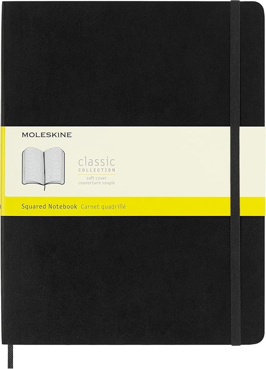 Moleskine Classic Notebook, Soft Cover, XL (7.5" x 9.5") Squared/Grid, Black, 192 Pages