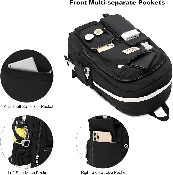 School Backpack for Teen Girls Women College Laptop Backpacks Kids Cute Bookbag Set with Lunch Box Pencil Case Elementary Middle High Campus Bag 3 Pcs Students Bookbags Sets Travel Daypack-Black