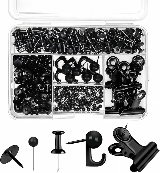 310 Pcs Push Pins Set, Black Thumb Tacks Decorative Push Pins for Cork Board with Push Pin Hook Pushpin Clip 5 Style Office Accessories for Cork Board Map Office (Black)