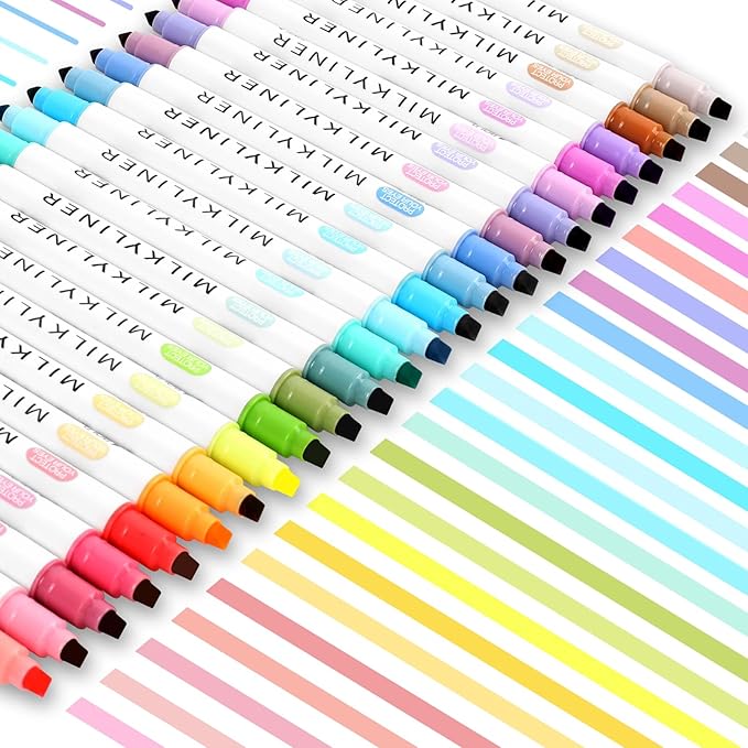 Highlighters Assorted Colors,24 Unique Retro Colors, Pastel Highlighters, Quick Dry Dual tip and Fine Tip No Bleed Highlighter Markers for Bible Journals Planners Books Notes