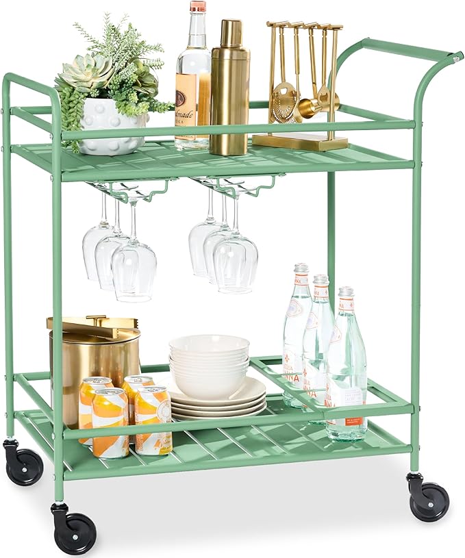 Best Choice Products Rolling Bar Cart, Mobile Home Bar Serving Cart, Serving Station w/ 2 Tier Shelves, Wine Rack, Lockable Wheels - Sage