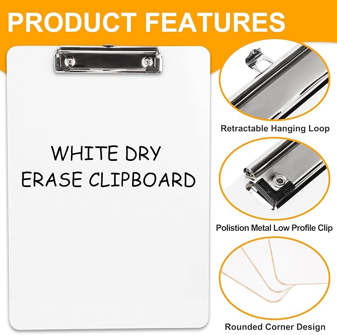 Dry Erase Wood Clipboard 8 Pack, Hardboard Clip Board 8.5x11 for Classroom, Students, Kid, Size 9" x 12.5", Double-Sided White Board, with Low Profile Clip, Office & School Supply