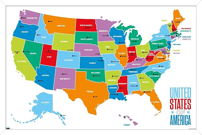Trends International Map - United States Of America 2022 Wall Poster, 14.725" x 22.375", White Framed Version