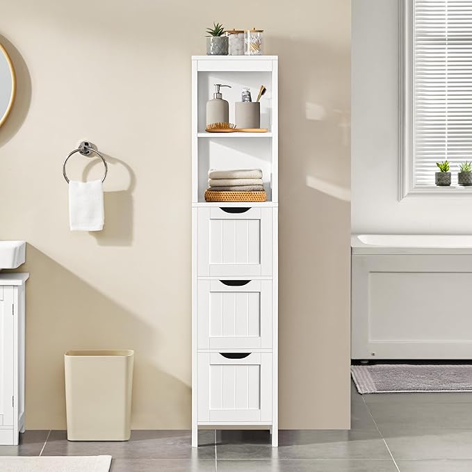 Yaheetech Bathroom Tall Cabinet, Slim Storage Cabinet, Narrow Freestanding Floor Cabinet with 3 Drawers & 2 Shelves, Linen Tower for Small Space, 12" D x 12" W x 56" H, White