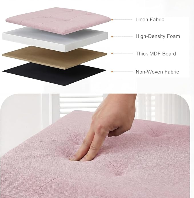 43 Inches Folding Storage Ottoman Bench, Ottoman Foot Rest, Storage Chest, End of Bed Foot Rest Stool with Padded Seat for Living Room, Bedroom, Entryway, Support 660lbs, Linen, Pink