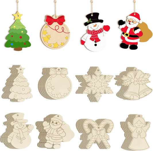 80PCS Wooden Christmas Ornaments to Paint, 8 Styles DIY Blank Unfinished Wood Reindeer Santa Claus Christmas Tree Ball Snowman Snowflake Angel Cutouts Ornament for Crafts Winter Hanging Decorations