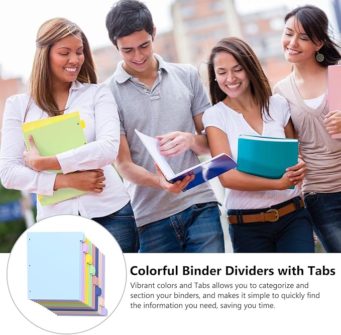 HABGP 24Pcs/3 Set 3 Ring Binder Dividers with Tabs, 8 Color Tab Divders for 3 Ring Binder, Plastic Pastel Page Folder Dividers Sheet Protectors, Three Ring Binder Index Dividers for Notebook