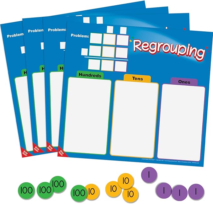 Really Good Stuff Regrouping Mats and Manipulatives Kit (Set of 4) – Interactive Mats and Manipulatives Help Students Solve Problems at School or Home – Write On/Wipe Off Mat for Repeated Use