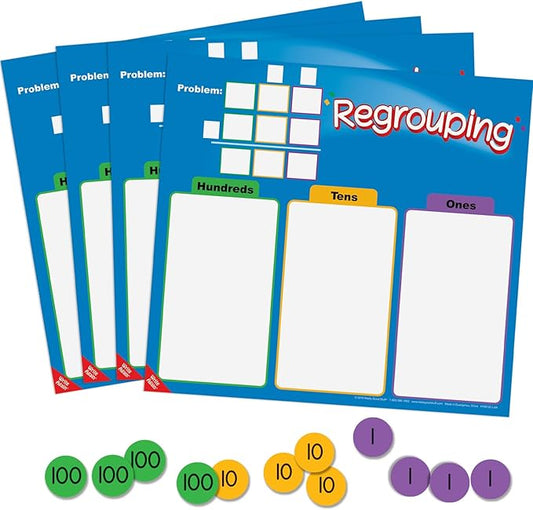 Really Good Stuff Regrouping Mats and Manipulatives Kit (Set of 4) – Interactive Mats and Manipulatives Help Students Solve Problems at School or Home – Write On/Wipe Off Mat for Repeated Use