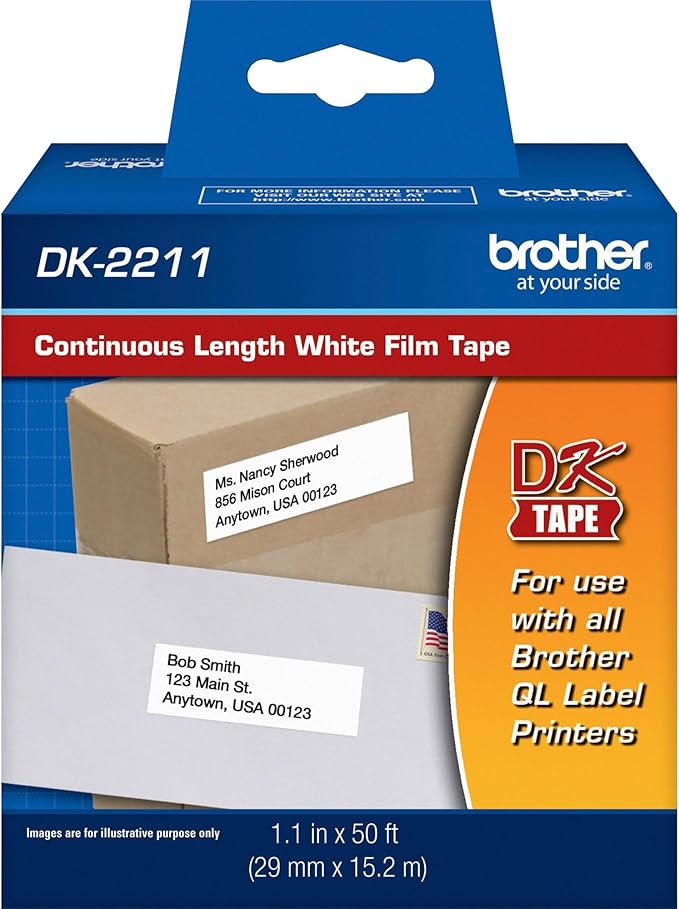 Brother Genuine DK-2211 Continuous Length Black on White Film Tape for Brother QL Label Printers, 1.1" x 50' (29mm x 15.2M), 1 Roll per Box, DK2211