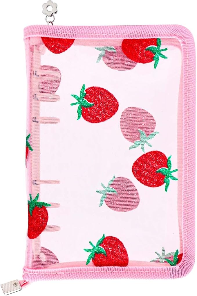 AxeWoodz Pink A6 Zipper Binder Clear Refillable Notebook Shell Cute Strawberry Lace Cover 6 Ring PVC Binder Cover for Photocard Planner Journal Photo Album