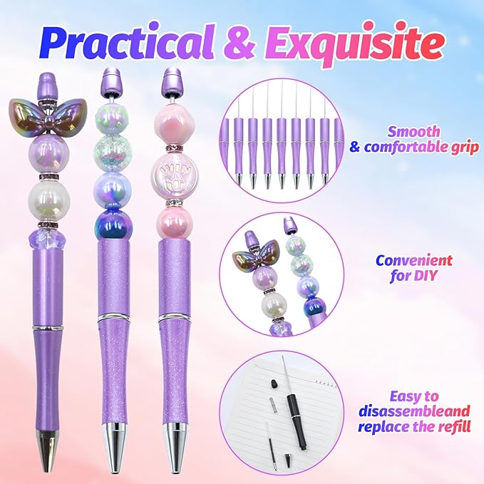 300 Pieces DIY Beadable Pen Kit – 100 Plastic Ballpoint Pens with Refills & Bags – School Supplies, Office Accessories & Decorative Items for Students & Teachers (Purple)