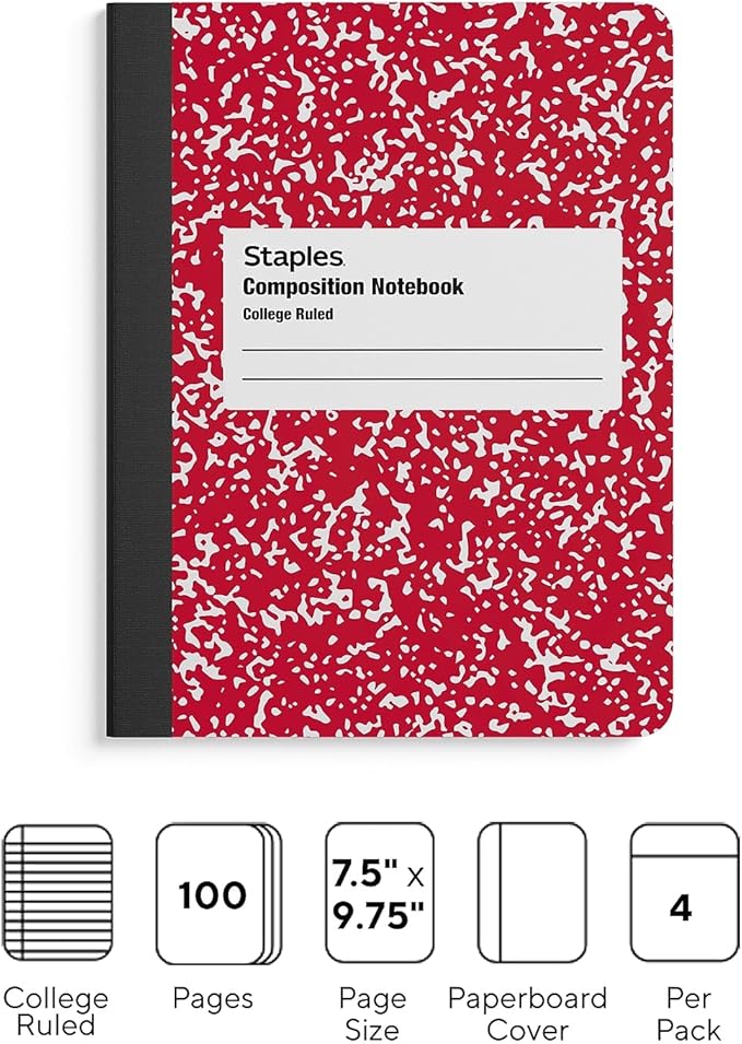 STAPLES Composition Notebook, College Ruled, 100 Sheets, Assorted Colors, 4‑Pack